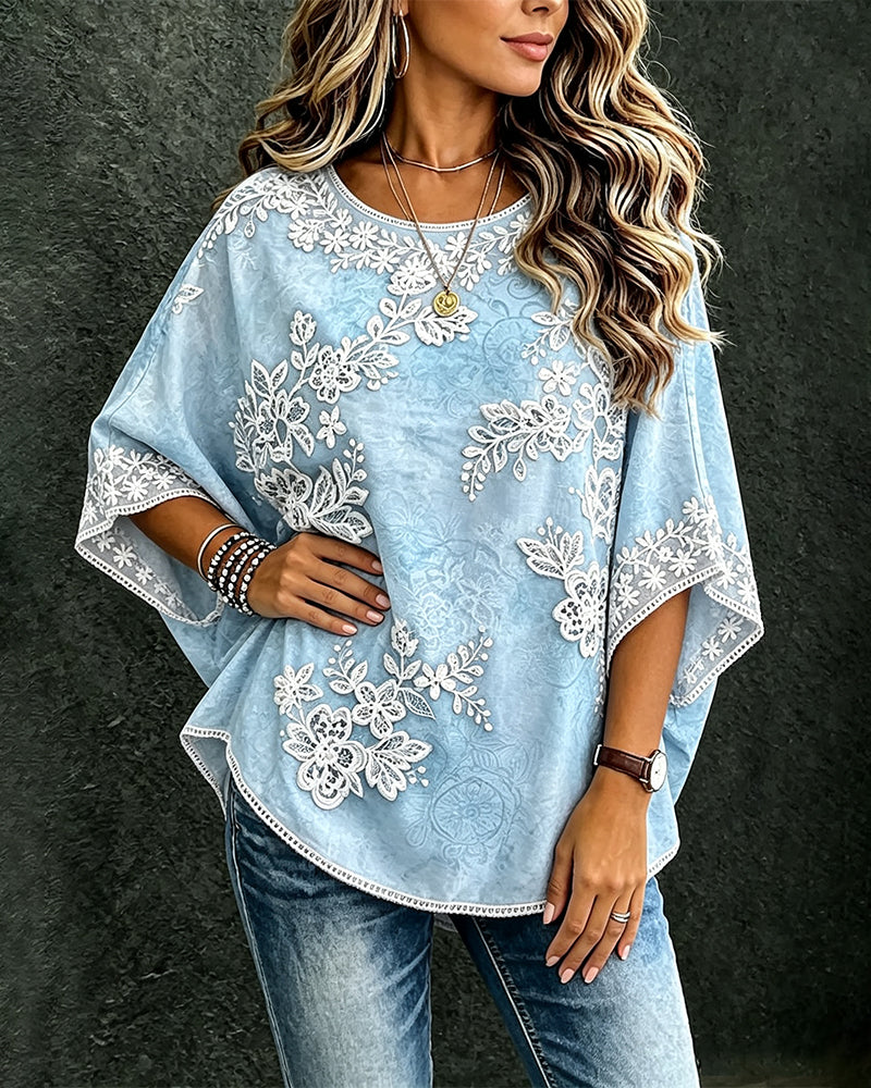Blouse Col Rond Motif Floral Coupe Ample