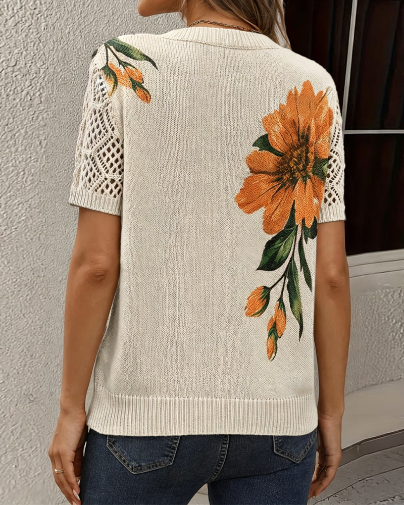 Pull-Over Col En V Tricoté Fleuri