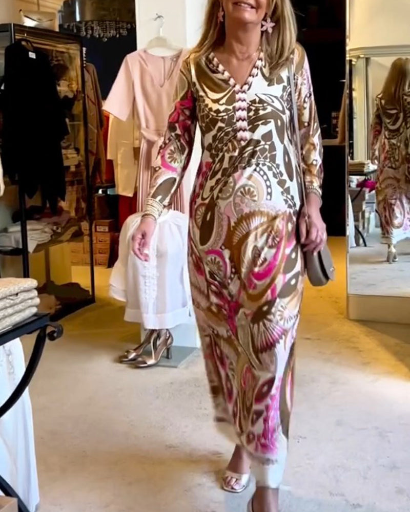Robe longue imprimée décontractée à col en V