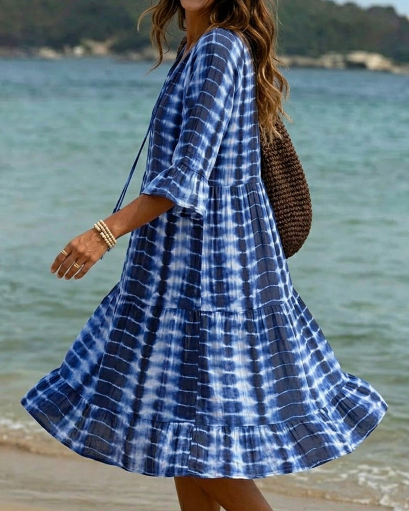 Robe Col V Ton Bleu Imprimé