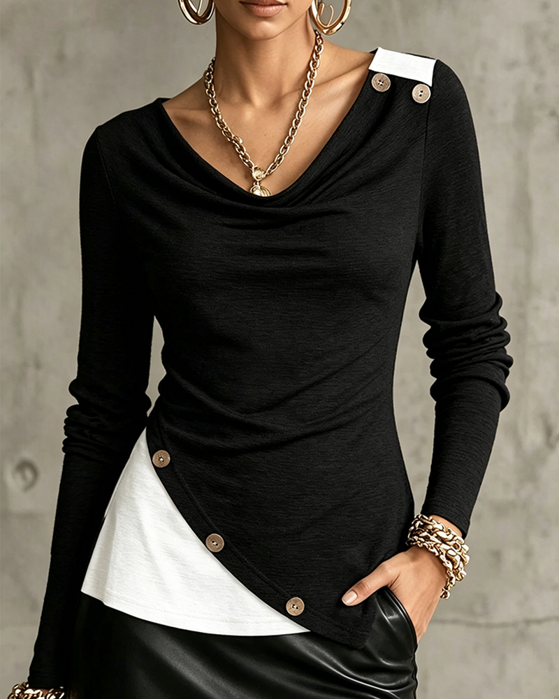Haut Col V Couleur Contrastante Manches Longues