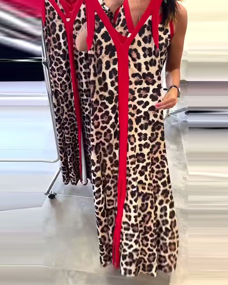 Robe Sans Manches Élégante Imprimé Léopard Contraste