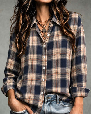 Blouse Col À Carreaux Manches Longues