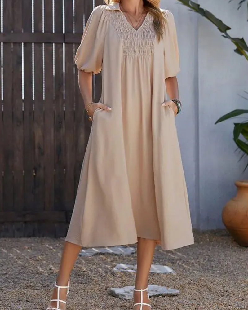 Robe Col V Rabat Manche Bouffante Maxi