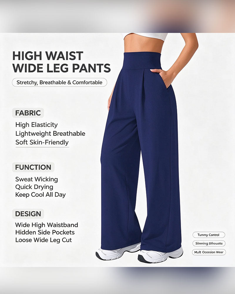 Pantalon Taille Haute Poche Uni Jambe Large