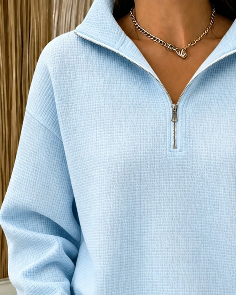 Sweatshirt Demi Fermeture Éclair Gaufré Manches Longues