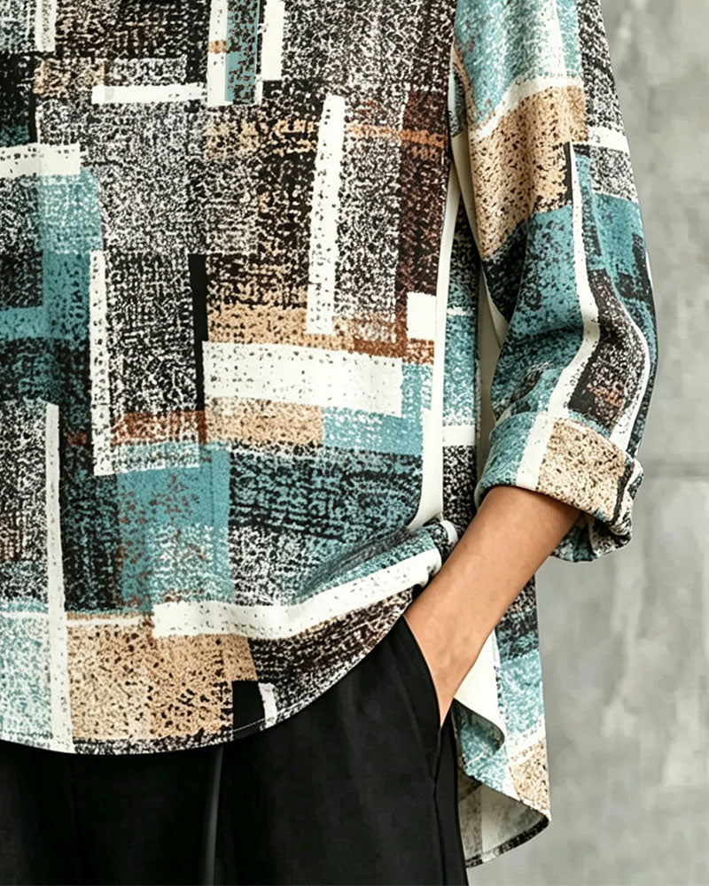 Blouse Imprimé Géométrique Col Décontracté Manche Coude