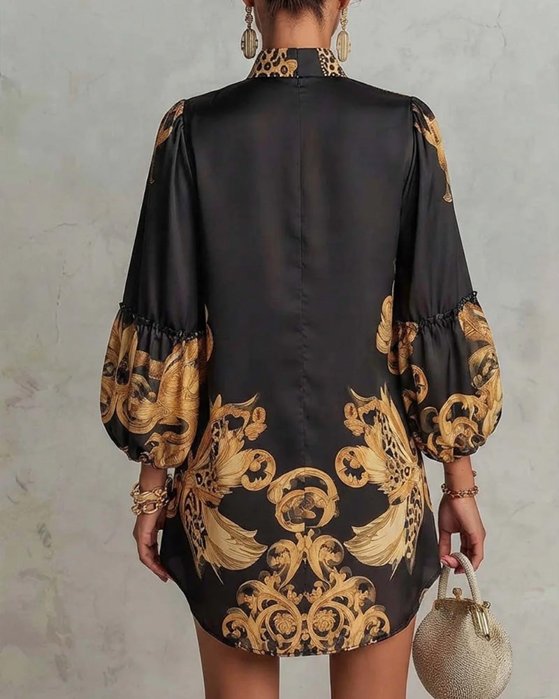 Robe Léopard Manche Lanterne Col Montant Imprimé