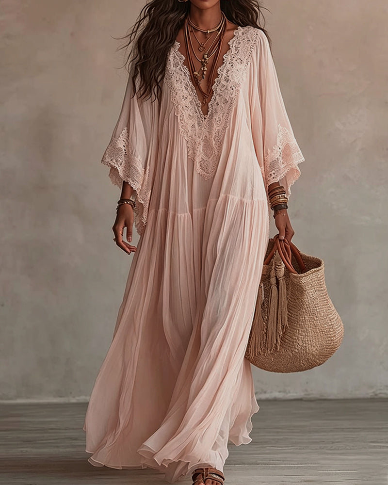 Robe Col V Dentelle Patchwork Unie