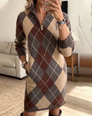 Robe Pull Revers Fermeture Éclair À Carreaux Contraste