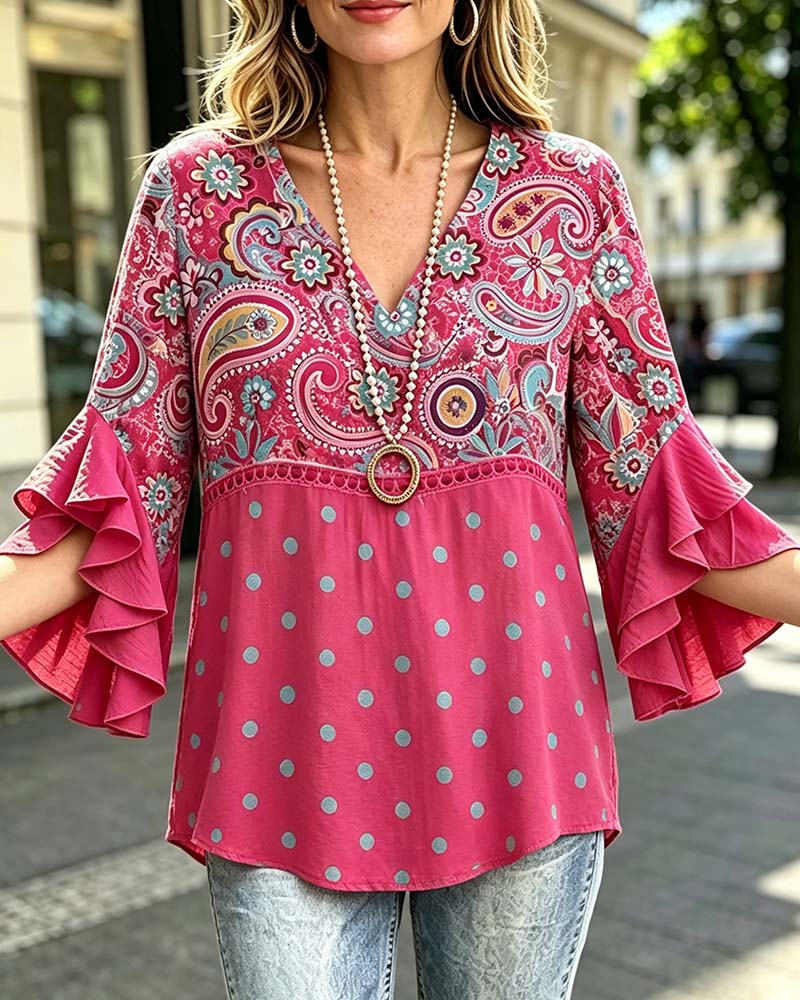 Blouse Col V Florale Pois Volant