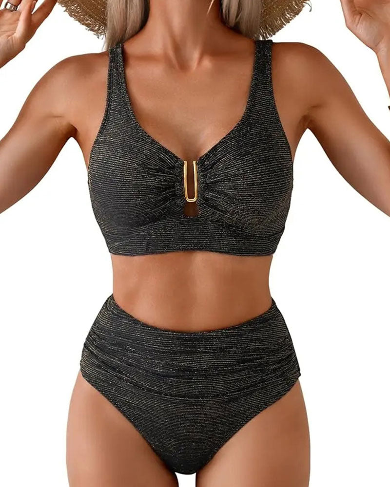 Bikini Taille Haute Rayé Bouton