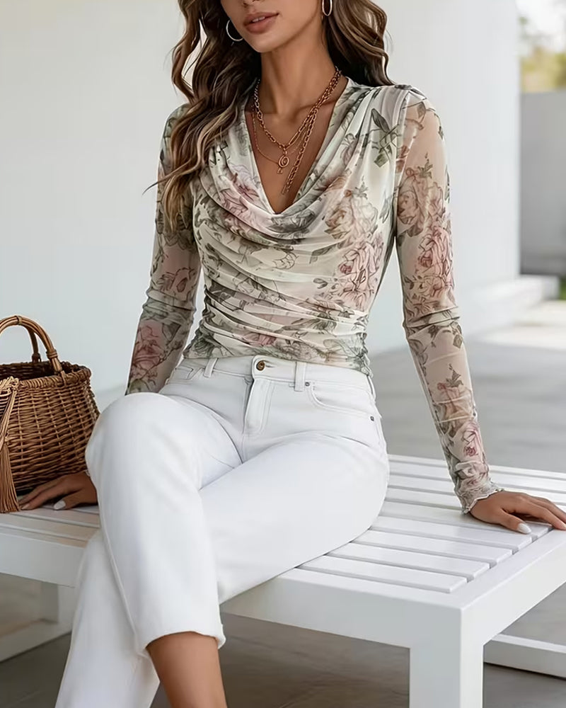 Chemise Col Froncé Imprimé Fleuri Plissé