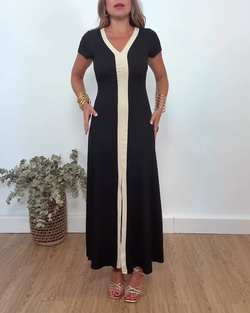Robe élégante fendue à col en V et imprimé contrasté