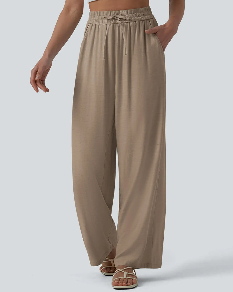 Pantalon Taille Élastique Jambe Large Attacher Décontracté