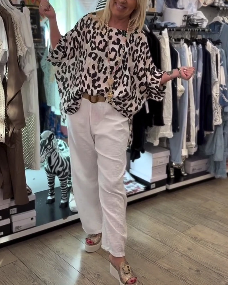 Blouse À Col Rond Imprimé Léopard Ample