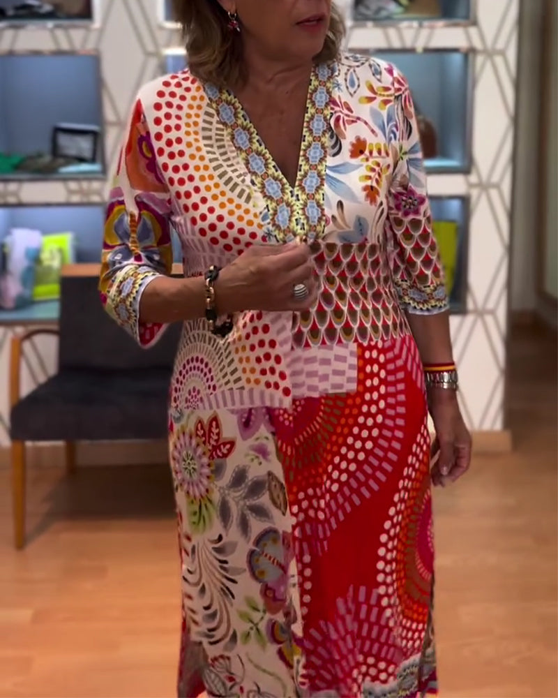 Robe Imprimé Ethnique Col En V Manche Coude