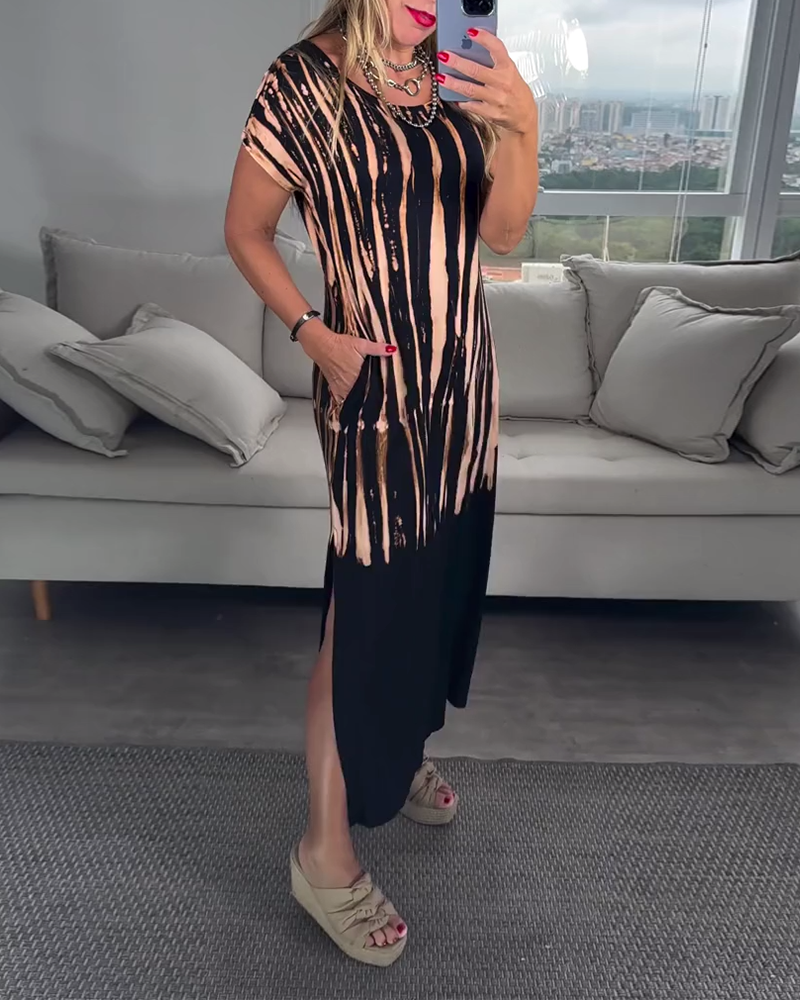 Robe décontractée à manches courtes fendue col rond imprimée