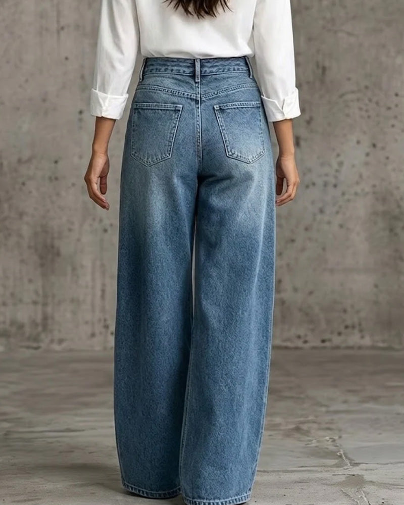 Pantalon Bouton Poche Coupe Large Denim Long