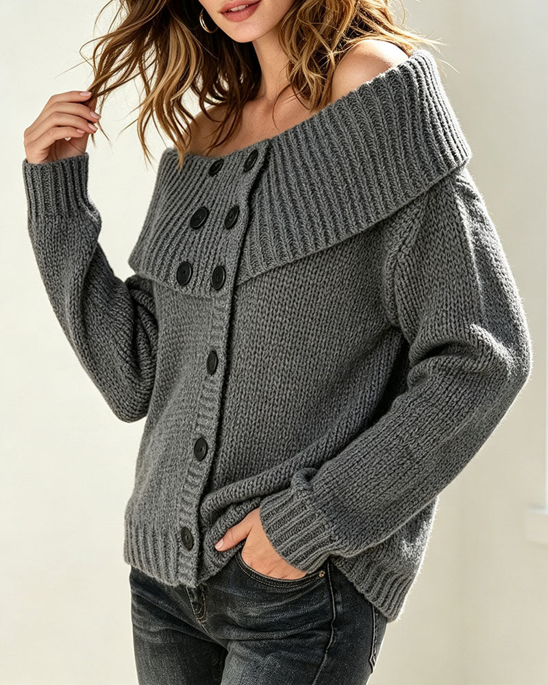Pullover Revers Hors Épaule Bouton Hors Épaule