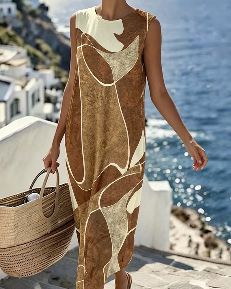 Robe Col Rond Sans Manches Couleur Contrastée