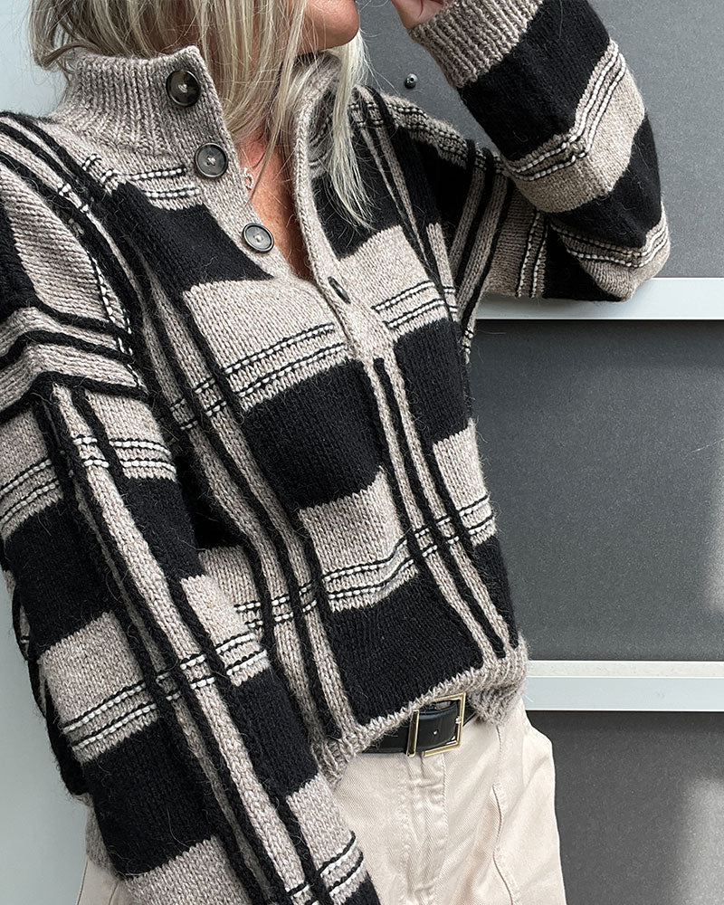 Pull Bouton Col Roulé Carreau Bloc De Couleur
