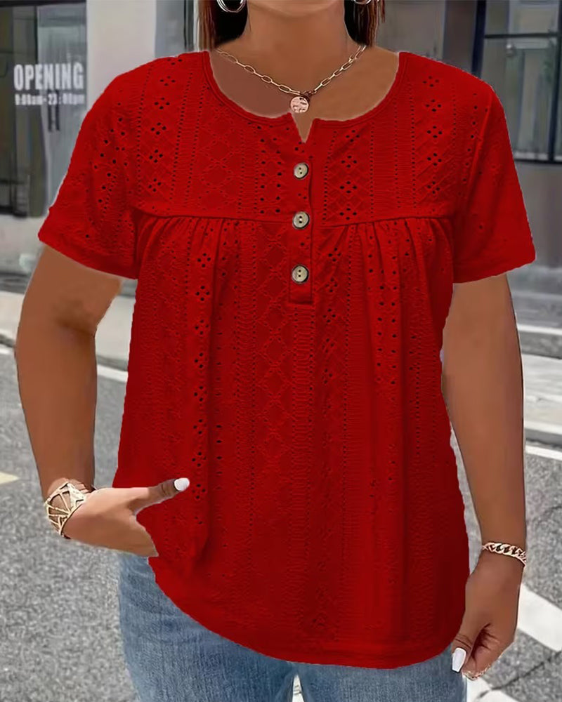 T-Shirt Ajouré Col Henry Manches Courtes