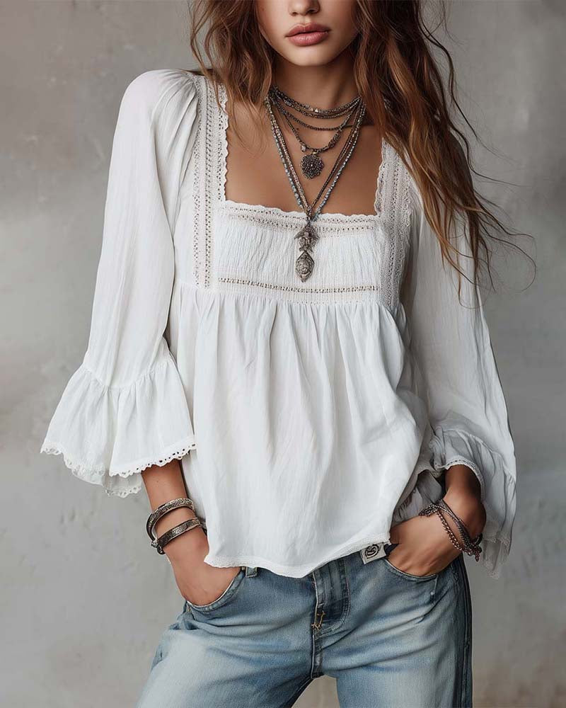 Blouse Col Carré Manches Évasées