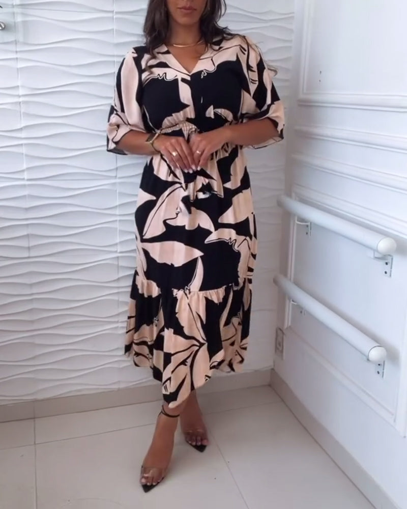 Robe élégante à col en V, manches trois-quarts et cordon de serrage