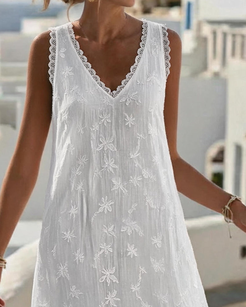 Robe Col V Sans Manches Dentelle Patchwork Broderie