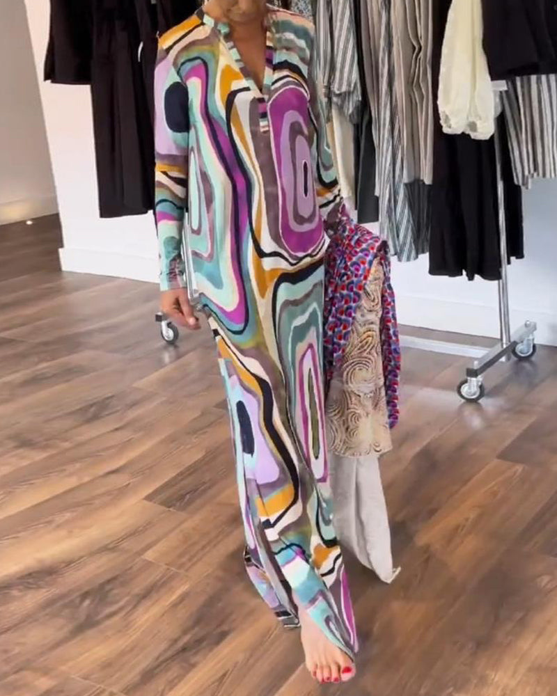 Robe longue imprimée en V profond