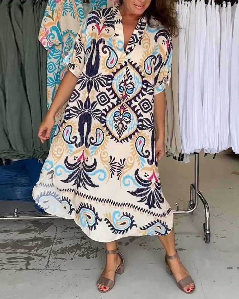 Robe ample bohème col V à manches mi-longues