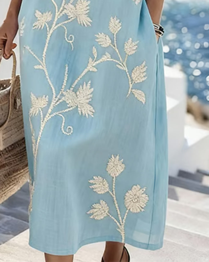Robe Col Rond Sans Manches Florale Poche