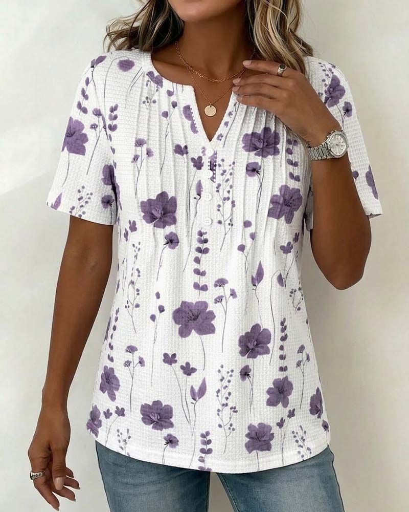 T-Shirt Gaufré Col V Floral