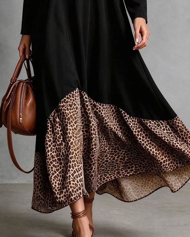 Robe Col Rond Bouton Léopard Imprimé