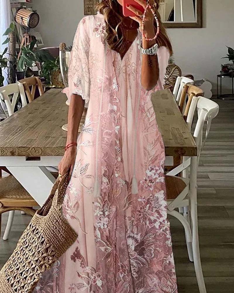 Robe Col En V Fleurie Volant Jupe Ample