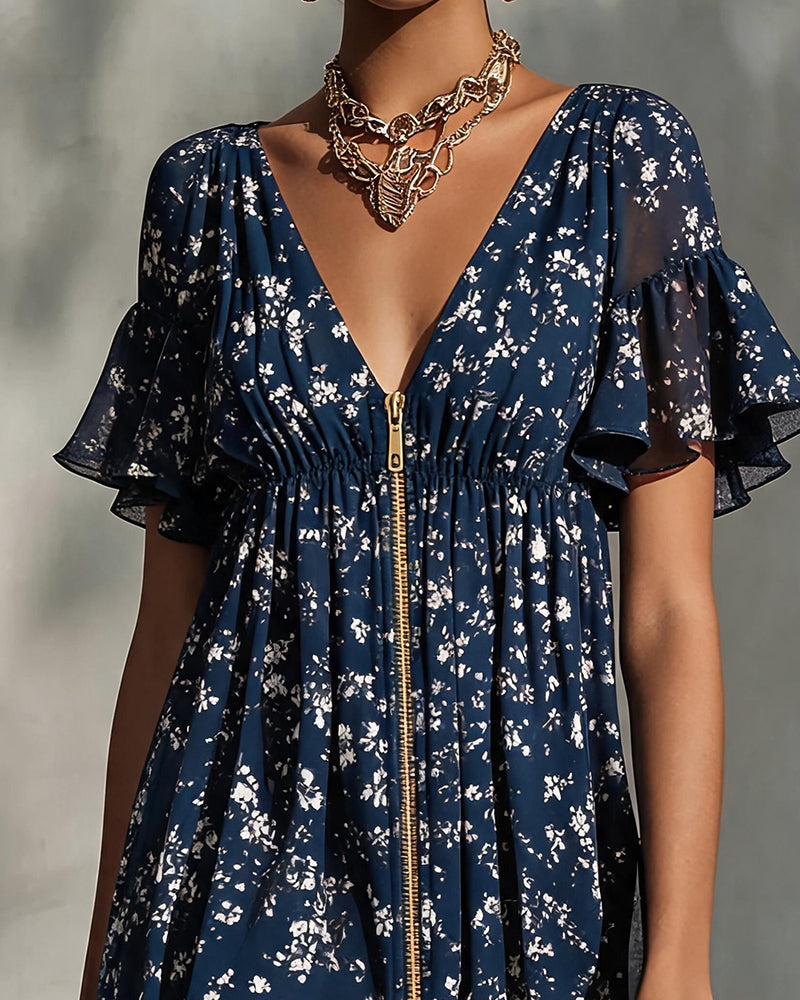Robe Florale Col V Fermeture Éclair Dentelle