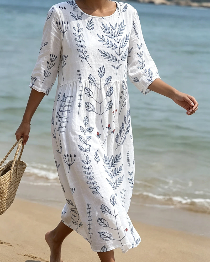 Robe Manches Courtes Col Rond Imprimé Feuille