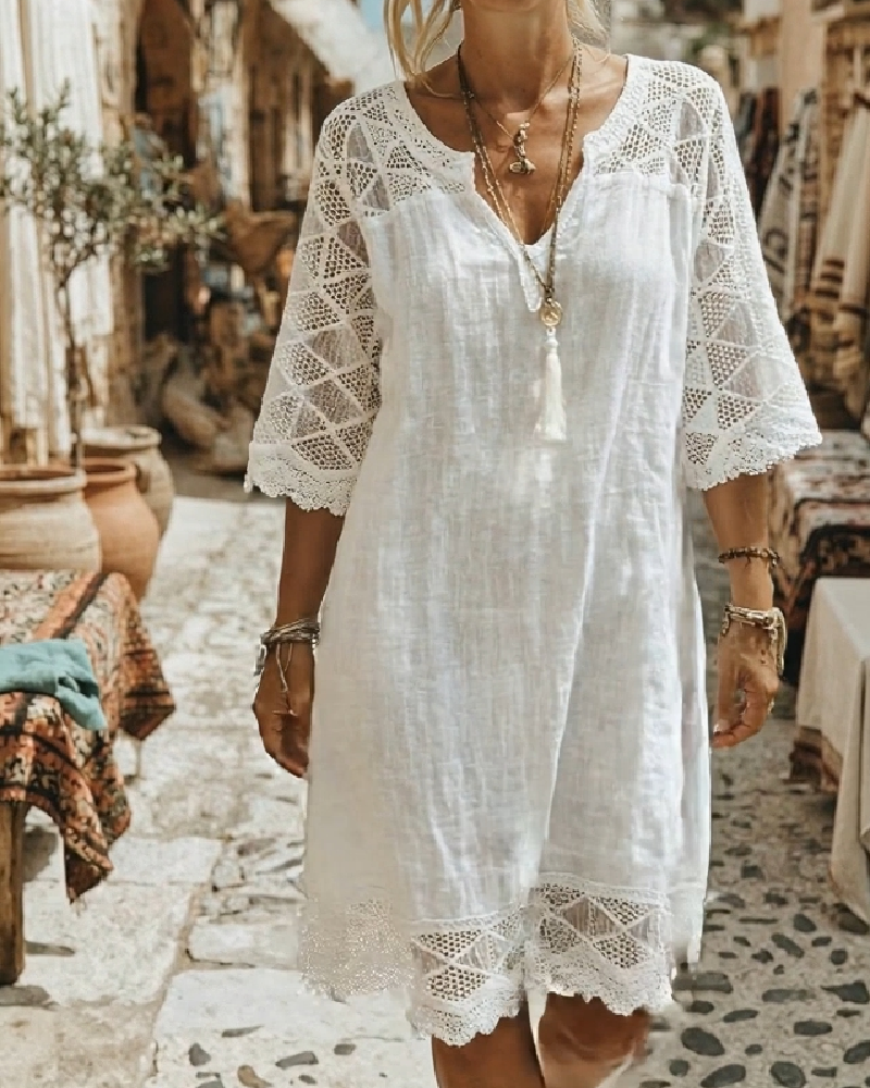 Robe Col V Dentelle Patchwork Décontractée