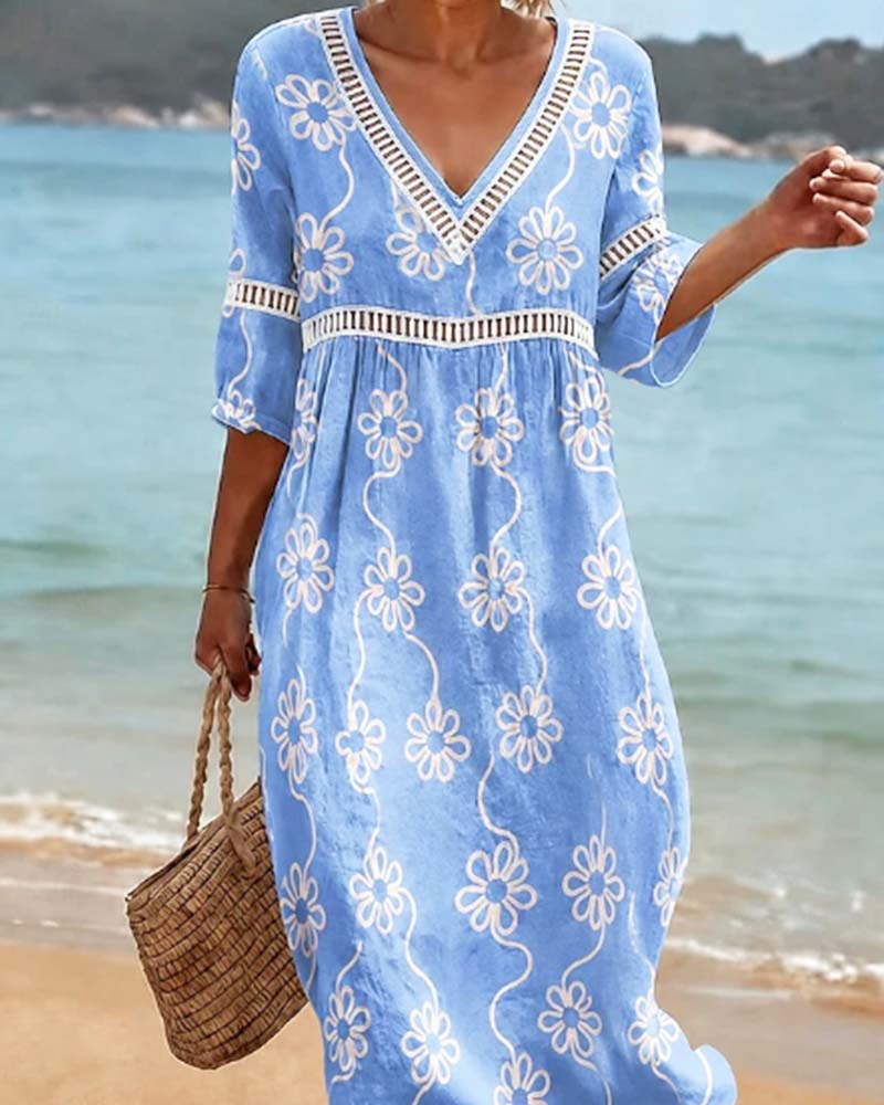 Robe Col En V Évidé Patchwork Fleuri Lâche