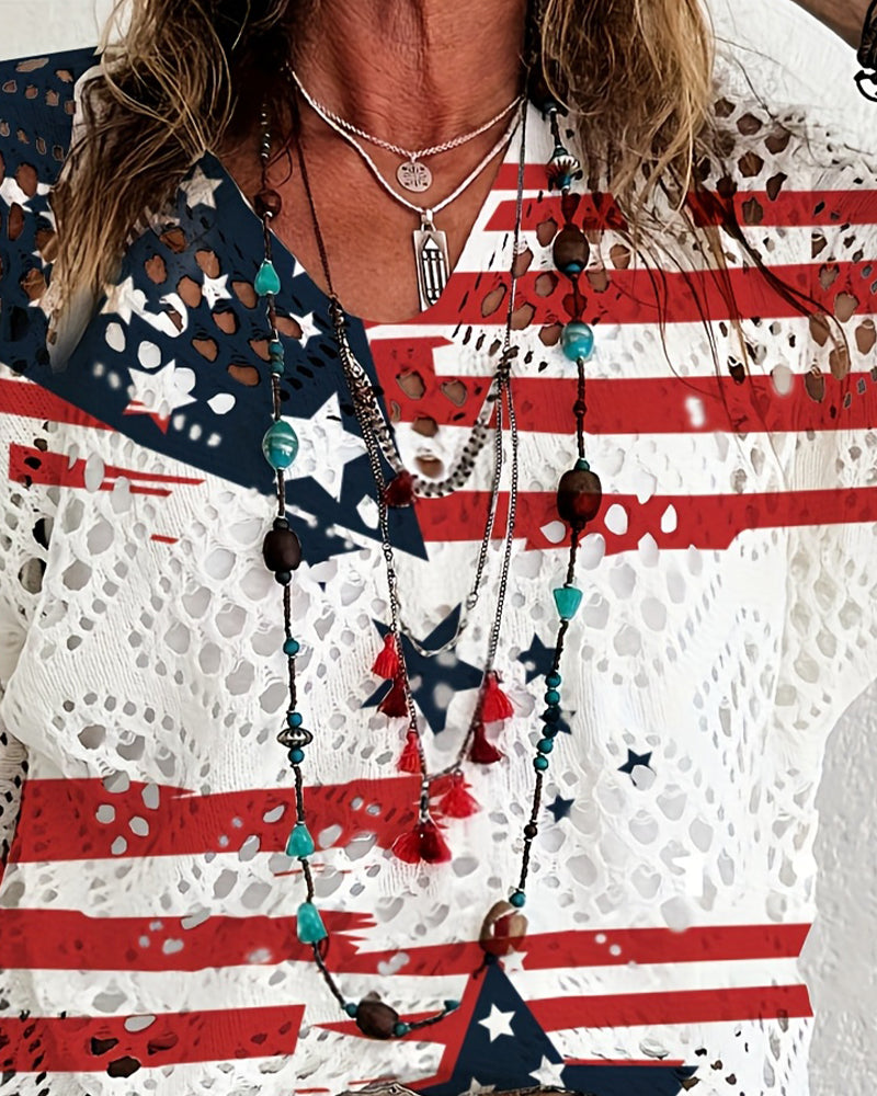 Pull-Over Imprimé Drapeau Découpe Cache-Cœur Tricoté