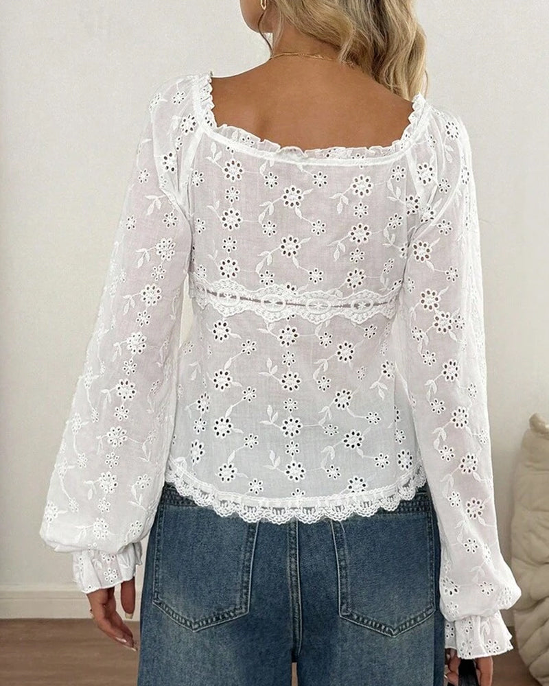 Blouse Col Carré Dentelle Garniture Découpé Manche Ballon
