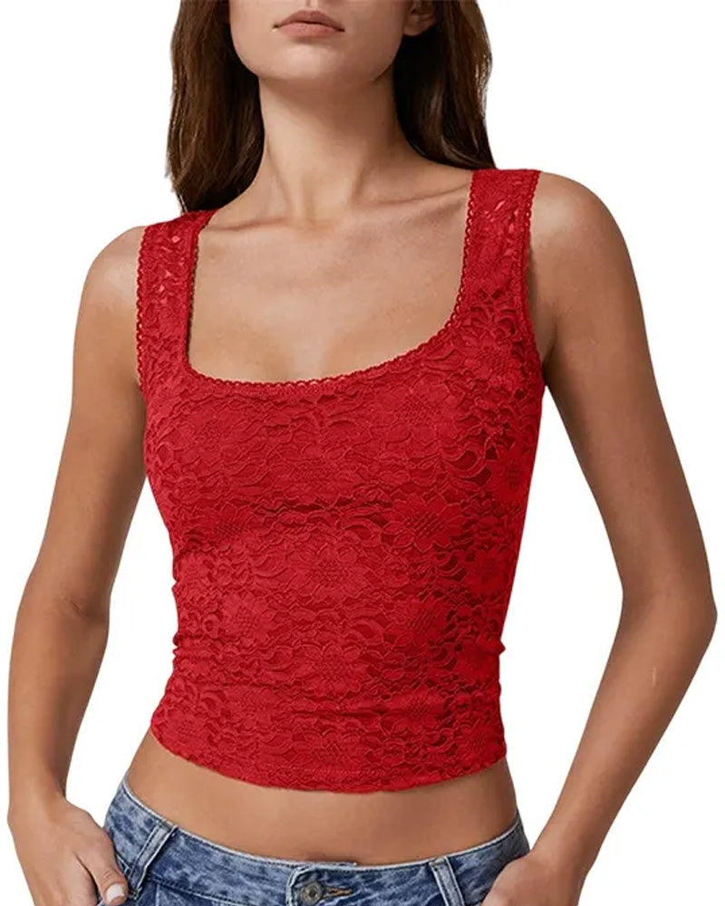 Tank Top Dentelle Garniture Col Carré Sans Manches