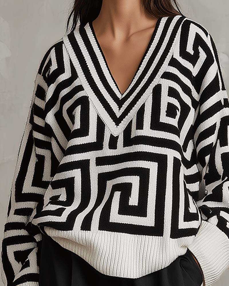 Pulls Motif Géométrique Col En V Tricotés