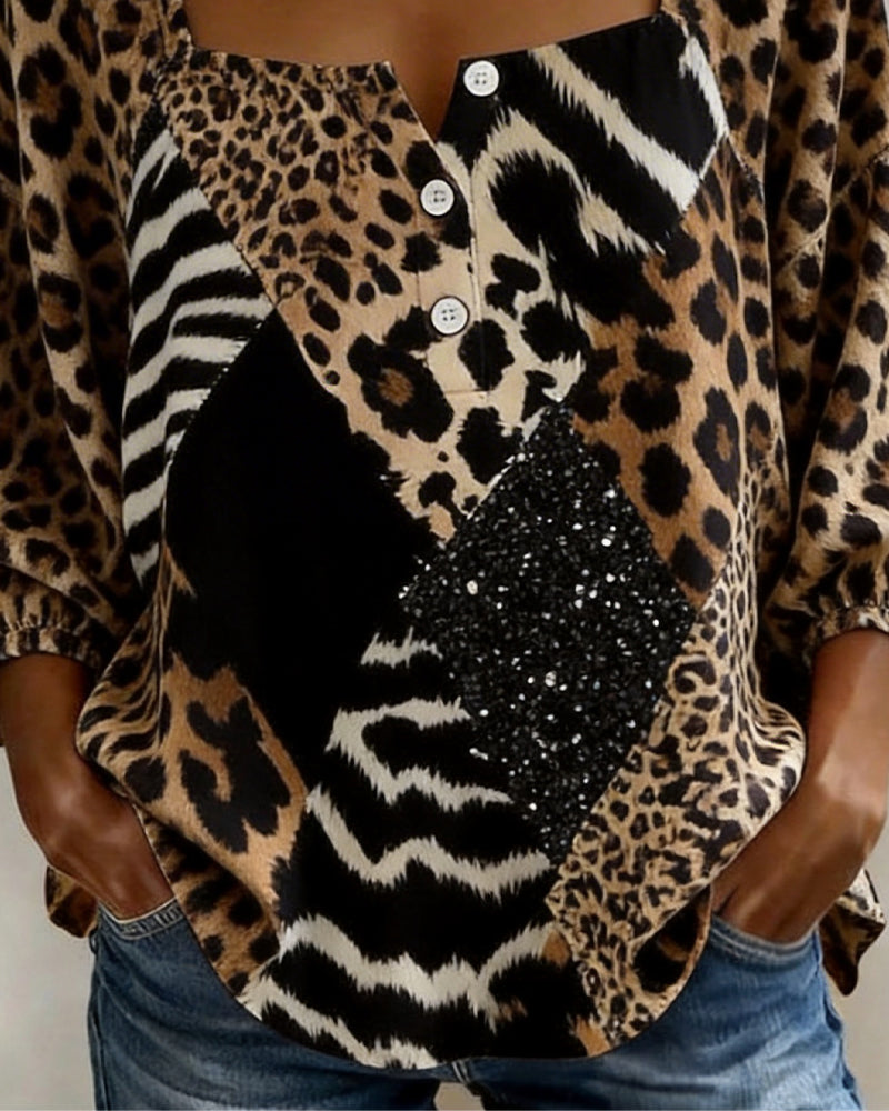 Chemisier Col Carré Imprimé Léopard Patchwork Sequins