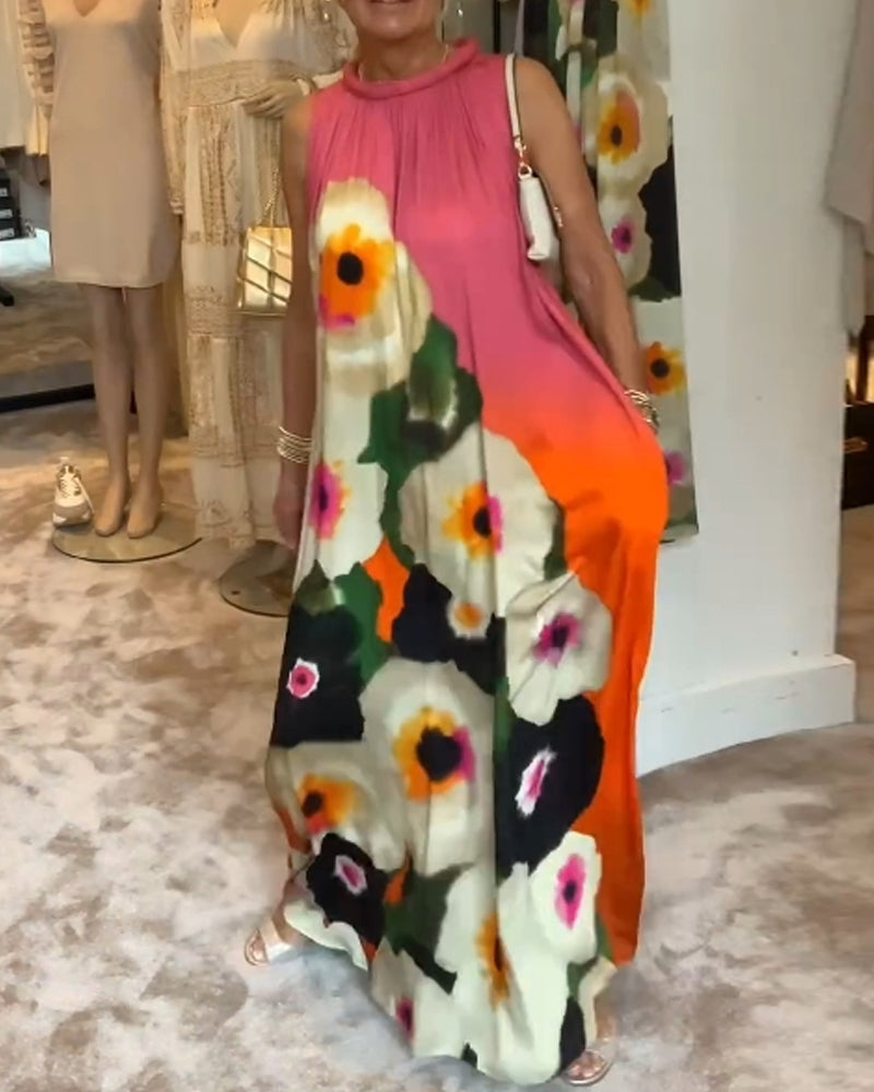 Robe longue décontractée sans manches à imprimé floral