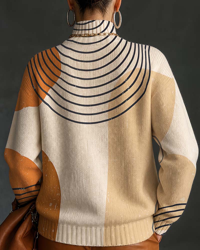 Pullover Ligne Géométrique Bloc De Couleur Col Haut