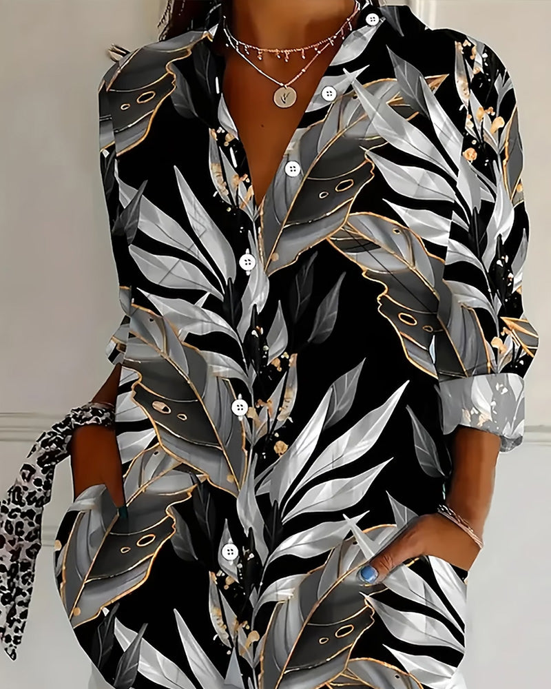 Blouse Feuille Imprimé Manche Longue