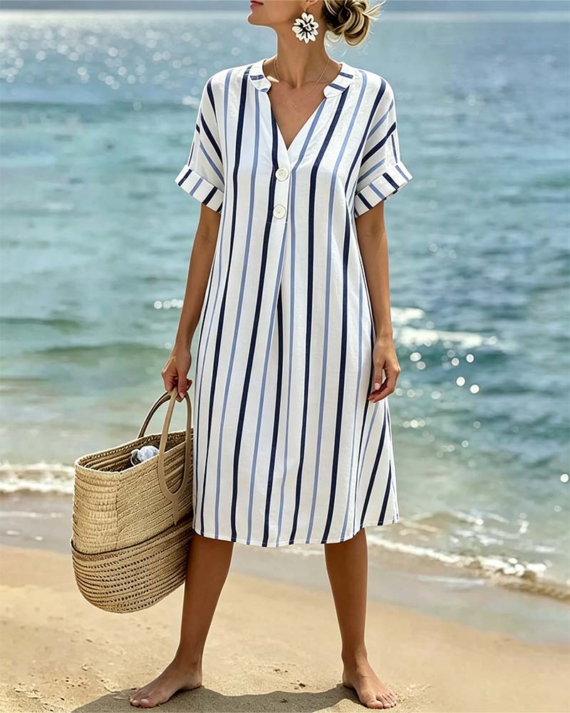Robe Col V Rayée À Manches Courtes