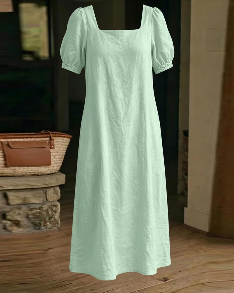 Robe Col Carré Manche Bouffante Poche